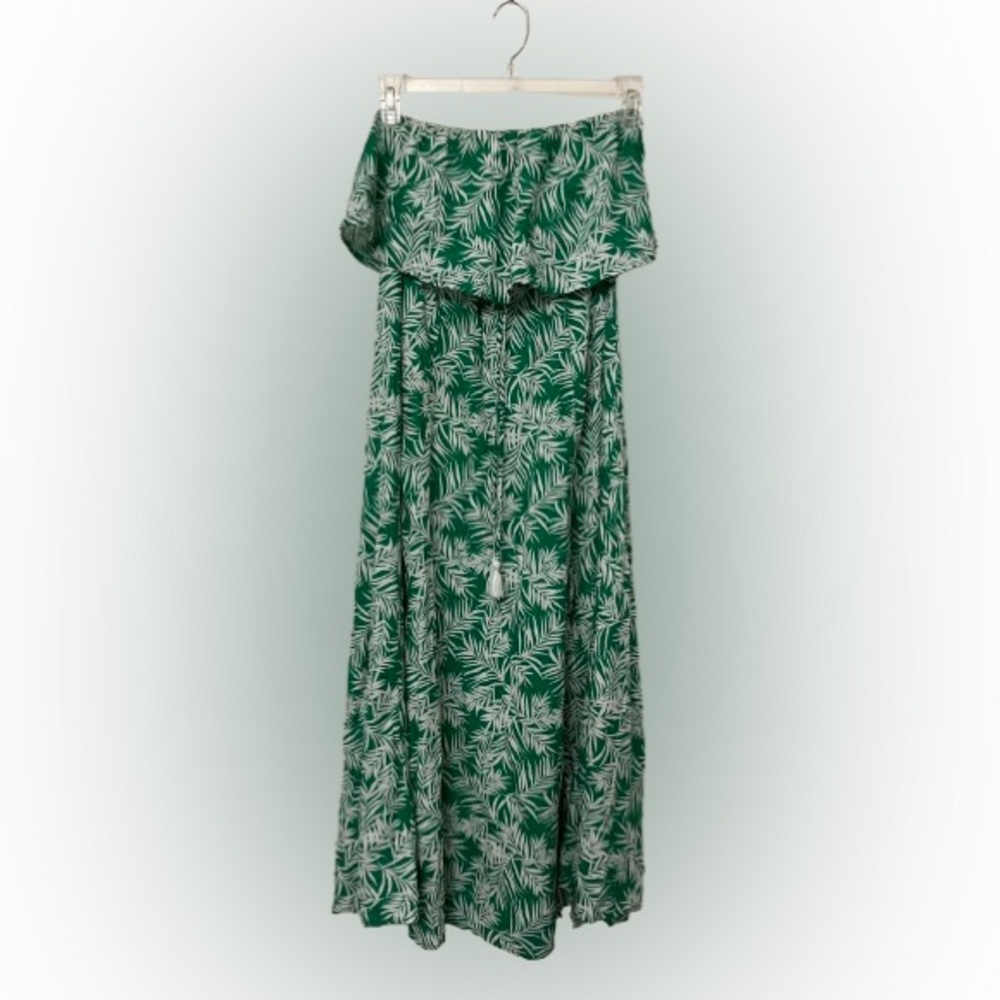 Japna Green Leaf Print Strapless Maxi Dress Size M Resort Wear Bamboo Spring